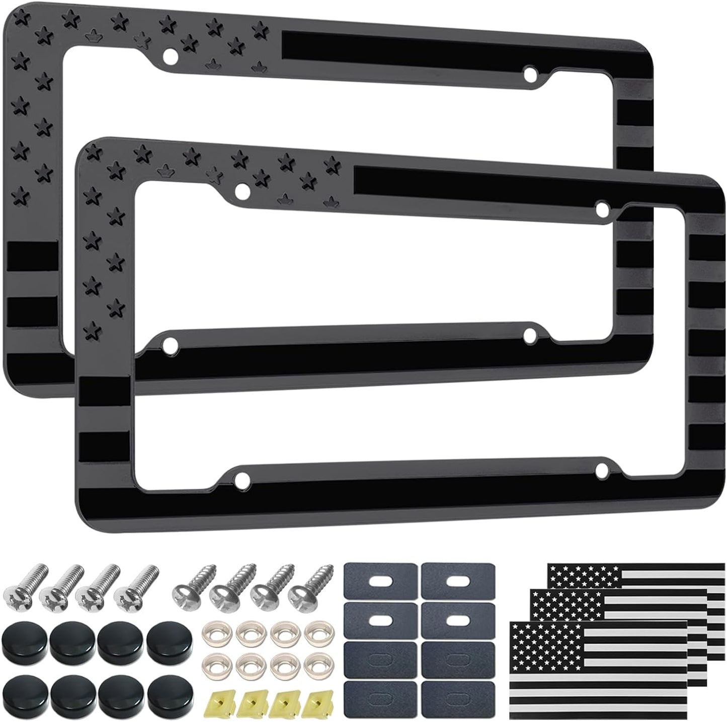 Black American Flag License Plate Frame- Front Rear Patriotic USA ‌Car Tag Frames, 2 Pack 4 Hole Subdued 3D Embossed Stars and Stripes Plastic Holder with Mounting Hardware Kit
