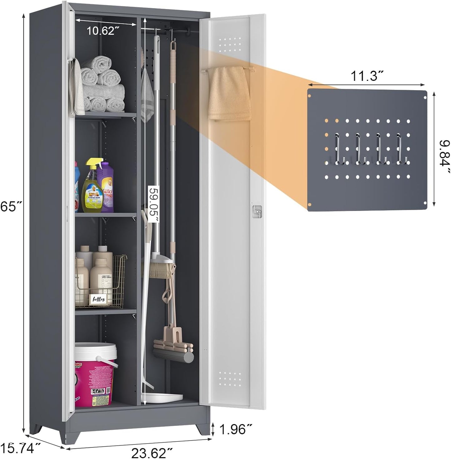 GREATMEET 65" H Metal Garage Storage Cabinets with Lock Door and Adjustable Shelves,Grey Broom Closet Storage Cabinet for Cleaning Supplies for Garage, Bathroom,Kitchen,Home