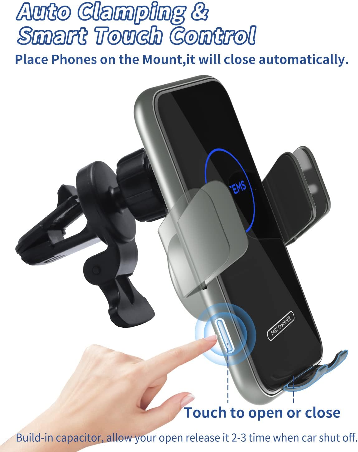 15W Car Mount Charger Qi Fast Wireless Charging Phone Mount, Windshield Dashboard Air Vent Auto Clamping Phone Holder for iPhone 11 12 13 14, 15, 16 Max Xs, Samsung S21 S22, S20, S10+ etc, Google Grey