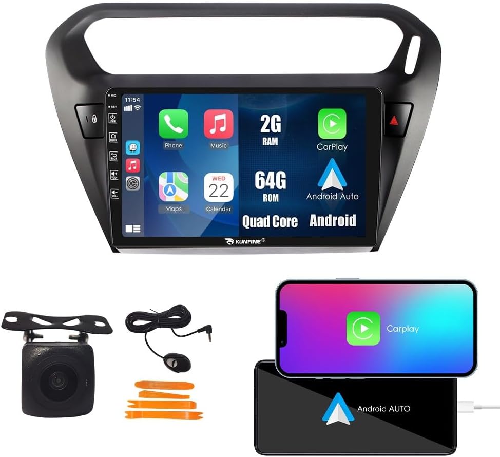 Kunfine Car CarPlay Android Auto Navigation Stereo GPS Radio Reverse Camera Display 9" IPS Touchscreen Headunit Tablet Pad Media Player For Peugeot 301 13-22 if Applicable Quad Core 2G+64G Matte Black