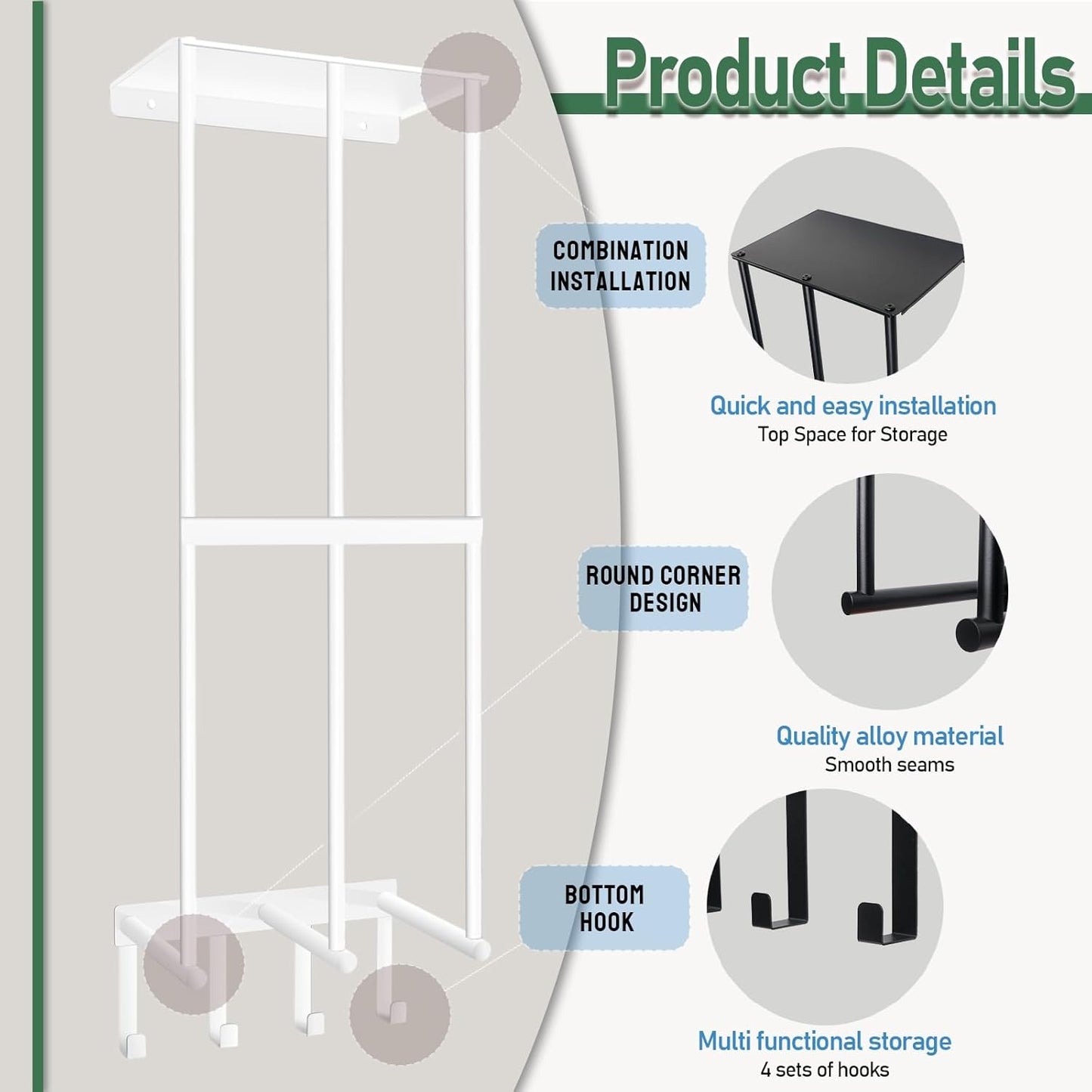 Camping Chair Wall Storage for Garage - Metal Beach Lawn Chair Rack, Garage Storage and Organization Shelves, Wall Mounted Umbrella Storage Rack Holder with Floating Shelf and 4 Hooks White