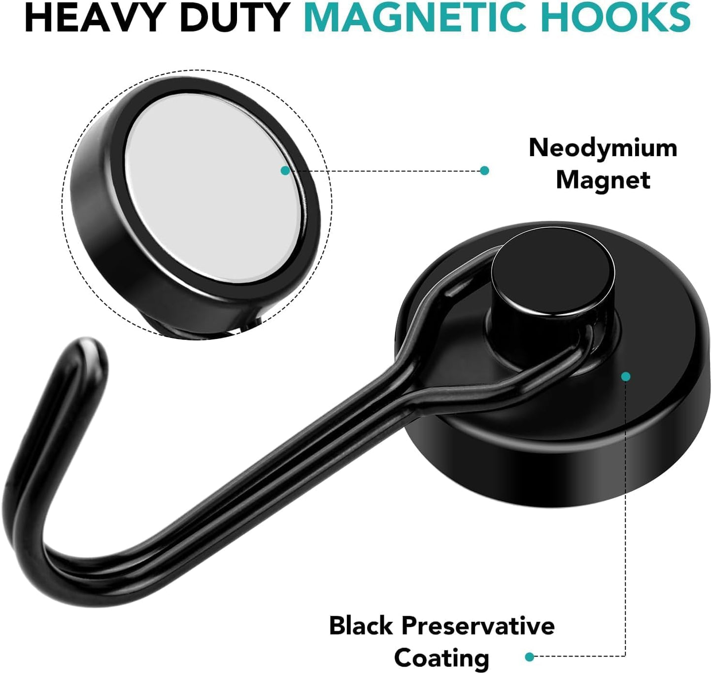DIYMAG Black Magnetic Hooks, 80LBS Strong Magnetics Heavy Duty, Magnet Hook with Metal Hanger for Hanging Refrigerator Home Kitchen Office, 16Pack