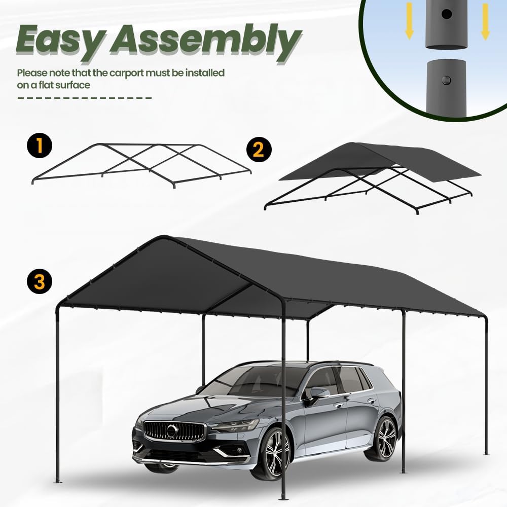 Carport, 10‘ x 20’ Heavy Duty Portable Garage All-Season Car Canopy w/Removable Sidewall & Doors, Carport Canopy Party Tent w/Water-Resistant Tarp for Backyard (Grey, 10' x 20' /no Side)