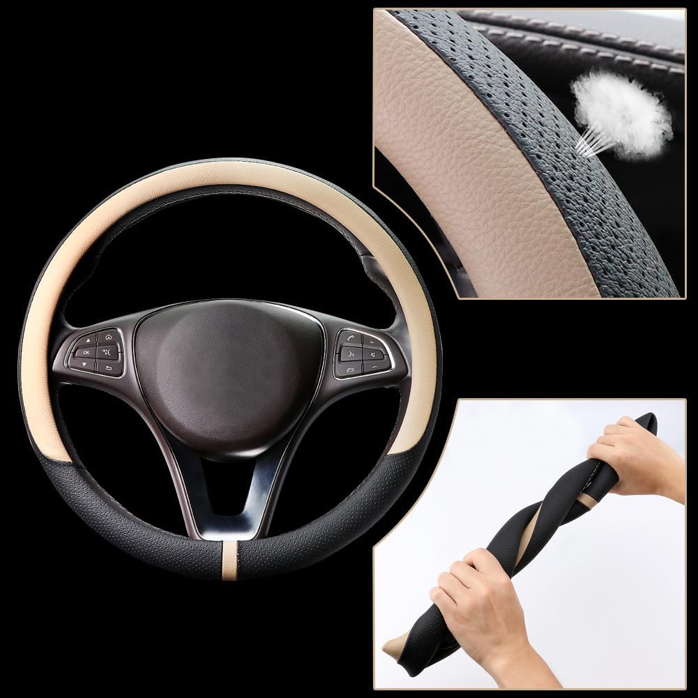 COFIT Breathable Car Steering Wheel Cover 15 inch Auto Universal Leather Wrap Non-Slip Steeringwheel Protector Automotive Interior Accessories, Beige (Suit for 14.5-15 inch)