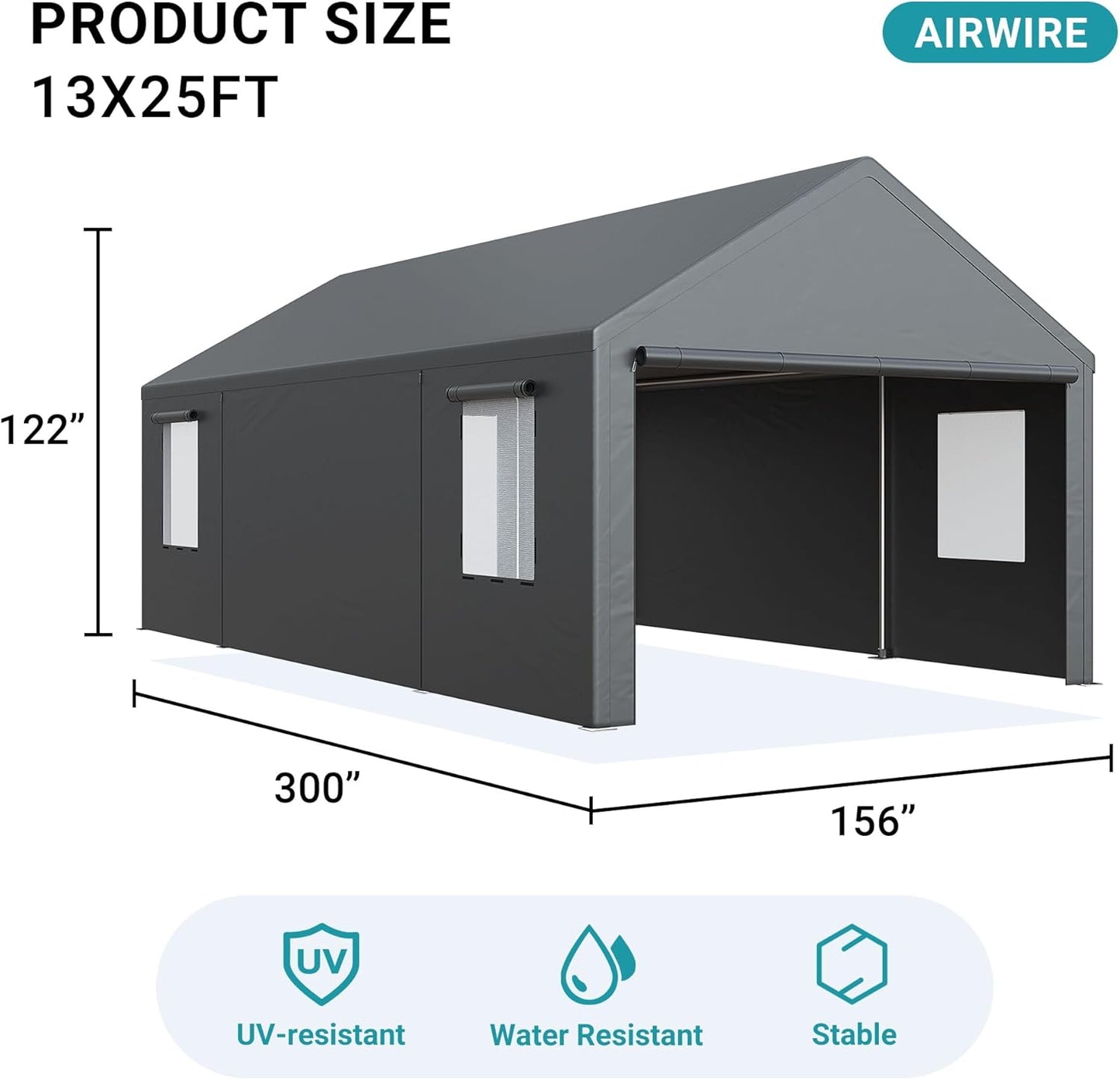 Carport, 13x25 FT Heavy Duty Car Port with Side-Opening Door & Roll-Up Windows, Outdoor Portable Garage Reinforced Four-Hole Base for Car, Truck, Boat, Motorcycle