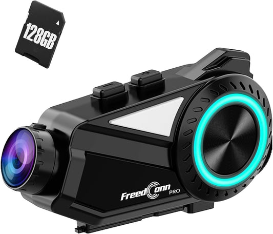FreedConn R3 PRO Motorcycle Helmet Bluetooth Headset with Camera Recorder, Motorcycle Communication Systems, WiFi 2K 0.75mi/1200m 6 Riders Group Intercom, Built-in & External Mic System, 128G TF Card