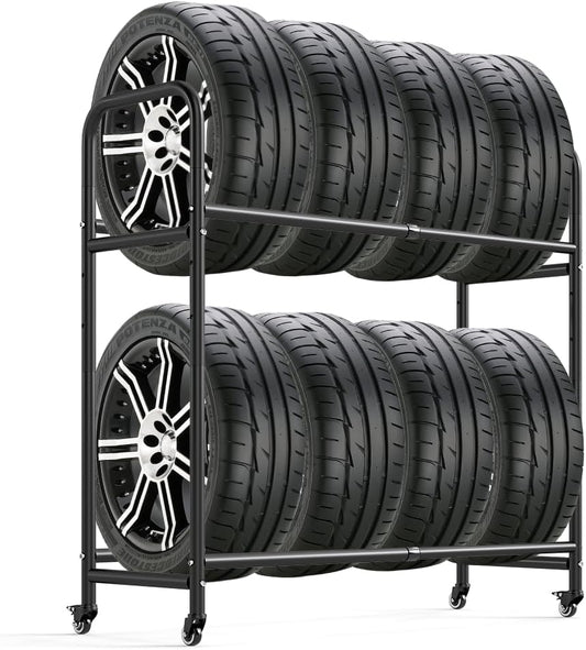 Hershii Tire Storage Rack Standing Garage Storage Shelf Organizer for Indoor Outdoor Use, Rolling Tire Rack Adjustable - Black 24.80-42.51'' X 15.35'' X 44.09''