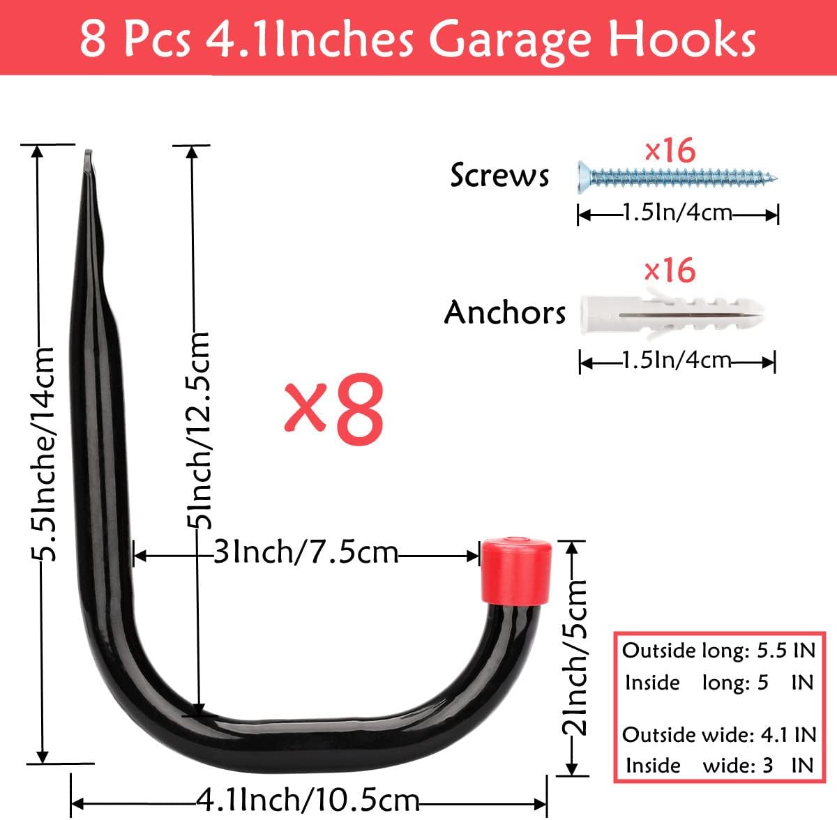 Heavy Duty Steel Garage Storage Utility Hooks, 8 Pack Wall Mount Hanging Storage Utility Naikozmo Hanger, Black and Red