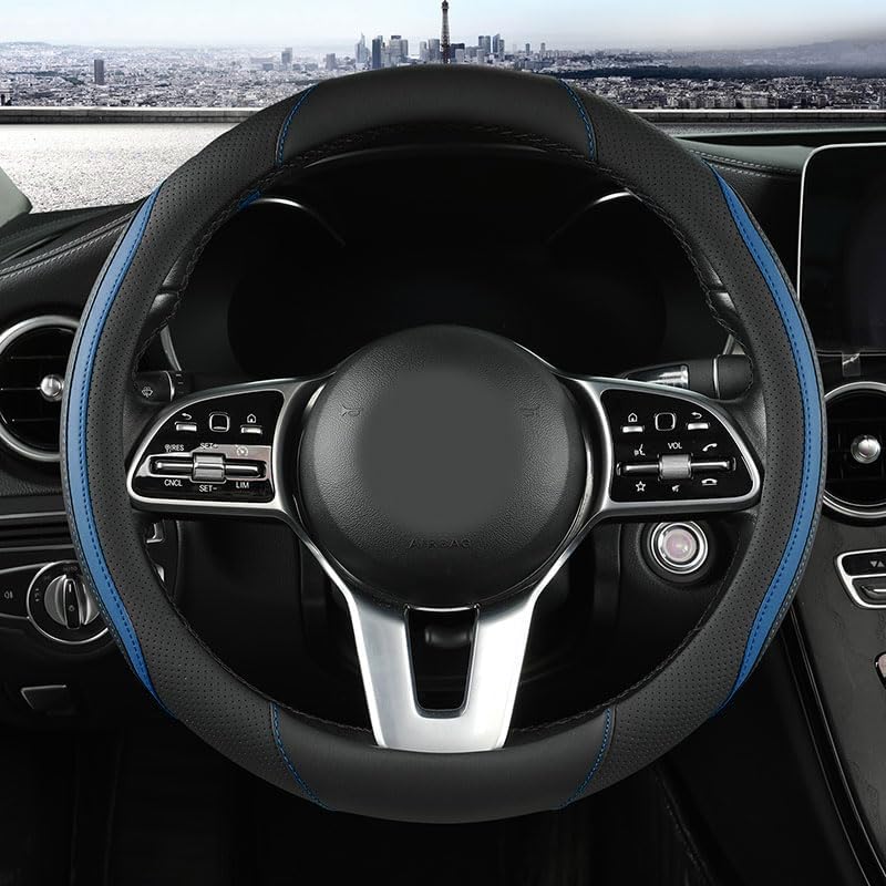 Car Steering Wheel Cover, Leather Steering Wheel Cover Blue Universal 14.5-15 Inch Microfiber Leather Anti-Slip Breathable Auto Steering Wheel Covers for Men Women (Black&Blue-2)