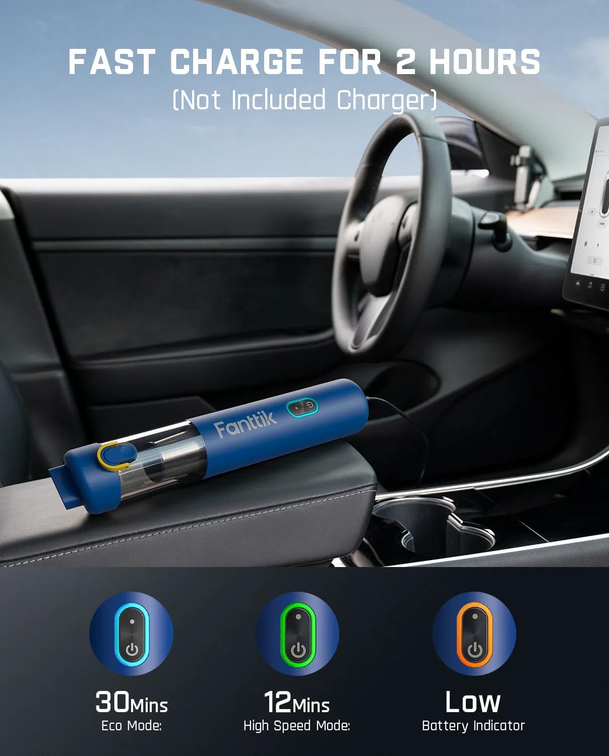 Fanttik Slim V8 Mate Cordless Car Vacuum Suction Power 12000Pa, Portable Mini Vacuum with Flexible Hose and Pet Brush, Type-C Charge, Portable for Car, Office Desk, Keyboards, Blue