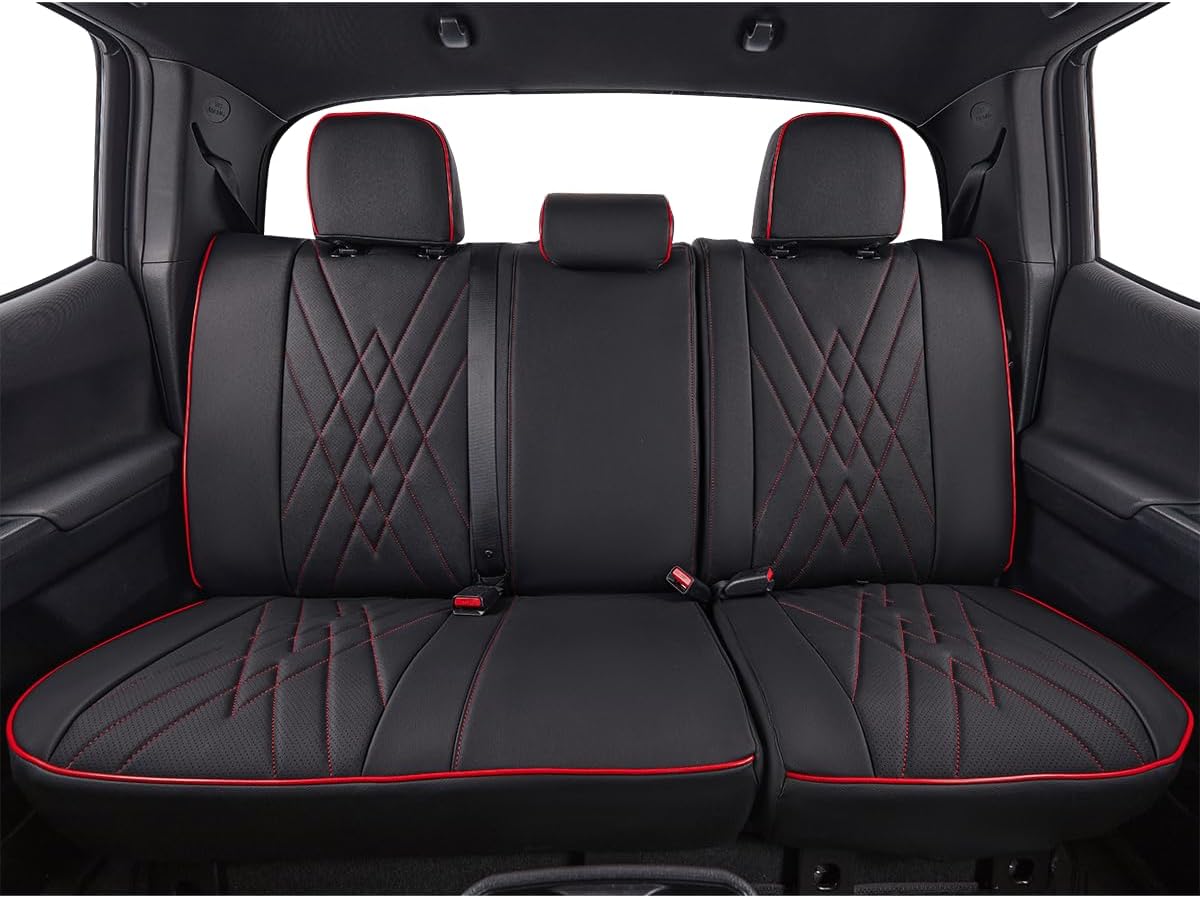 EKR Custom Fit Tacoma Rear Car Seat Covers for Select Toyota Tacoma 2016 2017 2018 2019 2020 2021 2022 2023 Access Cab - Second Row Only,Leather (Black with Red Trim)