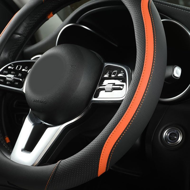 Car Steering Wheel Cover, Leather Steering Wheel Cover Orange Universal 14.5-15 Inch Microfiber Leather Anti-Slip Breathable Auto Steering Wheel Covers for Men Women (Black&Orange)