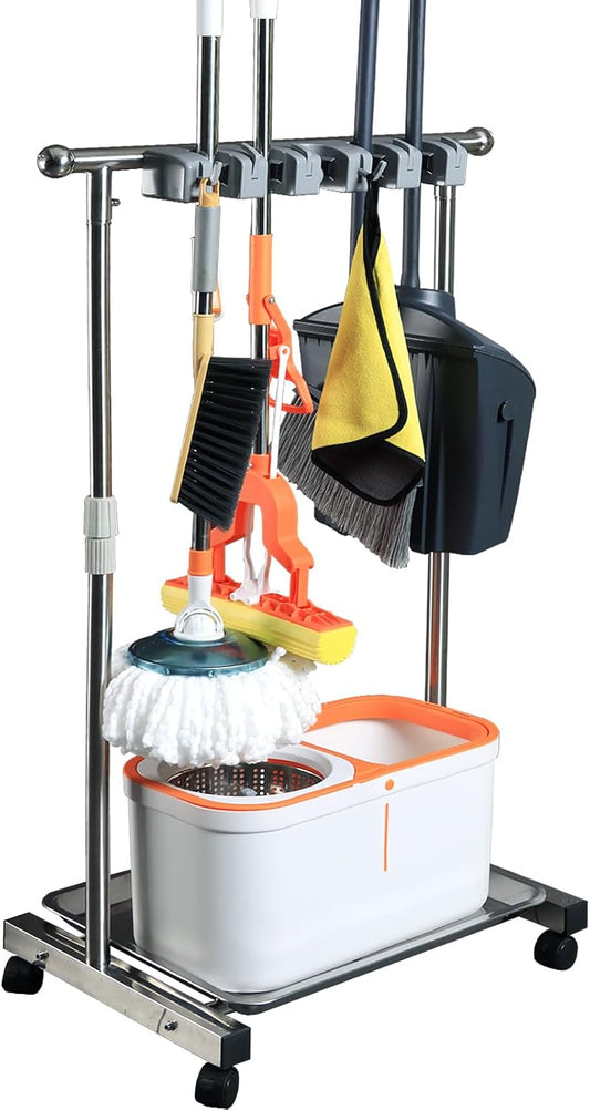 Stainless Steel Mop and Broom Holder with Wheels - Keep Your Cleaning Tools Organized! (S)