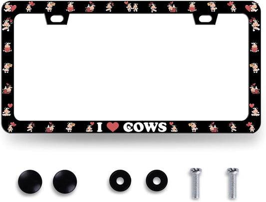 Cow License Plate Frame Cute I Love Cows License Plate Holder for Personalized Colorful Animal Car Decorative Stainless Steel Funny License Plate Cows Auto Part with Screws 12.2" x6.2"