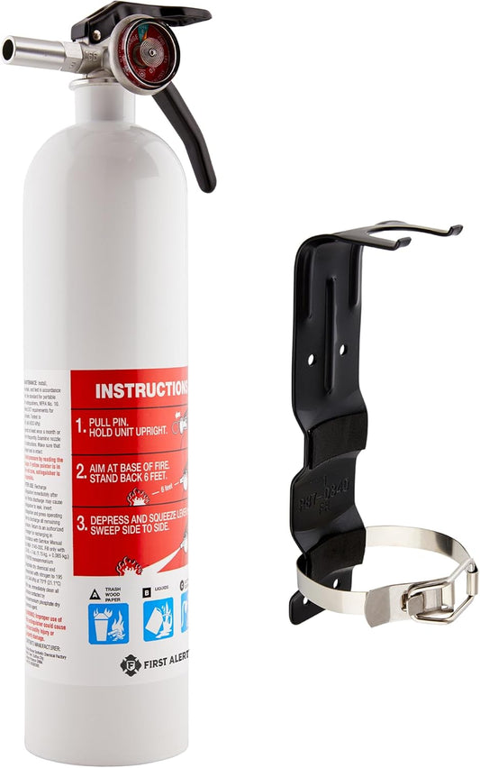 First Alert Marine1 Fire Extinguisher, UL Rated 1-A:10-B:C, White, FE1A10GR with Metal Bracket Bundle