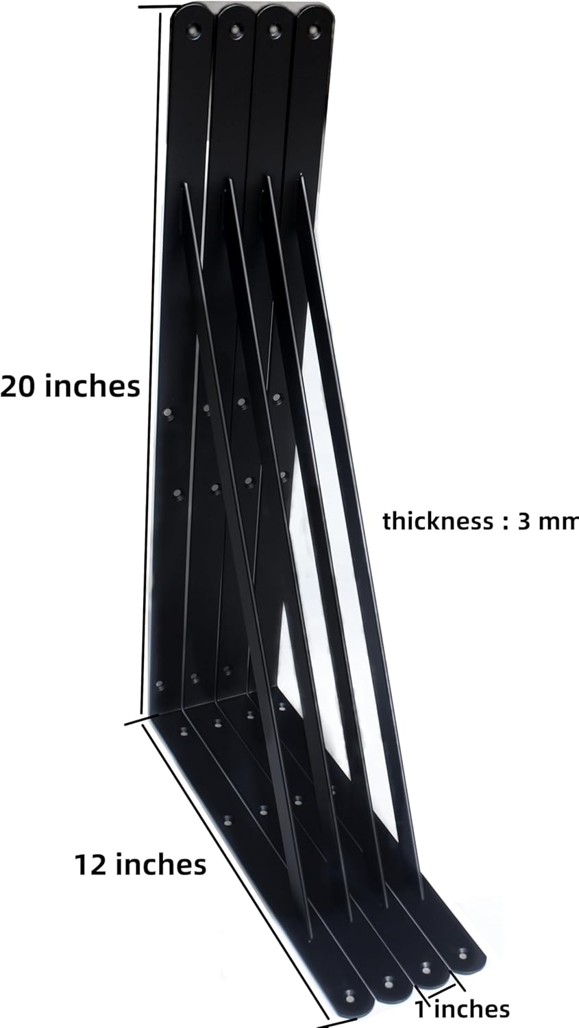12 Pack L20 x H 12" Black Heavy Duty Shelf Brackets with Screws Metal Shelf Brackets Shelf Support Angle Brackets for Shelves L Brackets Heavy Duty Floating Shelf
