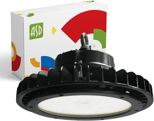 ASD LED High Bay UFO Light Fixture, Commercial Shop Lighting | Dimmable, IP69K Waterproof, DLC Premium, UL Listed | 100W 14600LM 3500K 100-277V | Warehouse, Garage, Workshop, Barn Lamp | Black