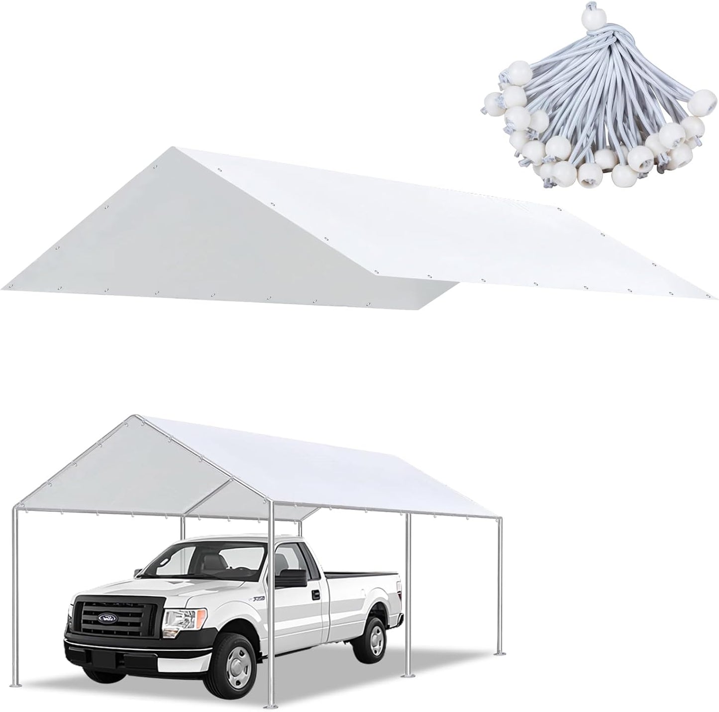 10 x 20 Ft Carport Replacement Canopy Cover Garage Top Tent Shelter with 40 Ball Bungee Cords Heavy Duty Waterproof UV & Tear Resistant, Easy Assembly, White (Only Cover, Frame Not Include)