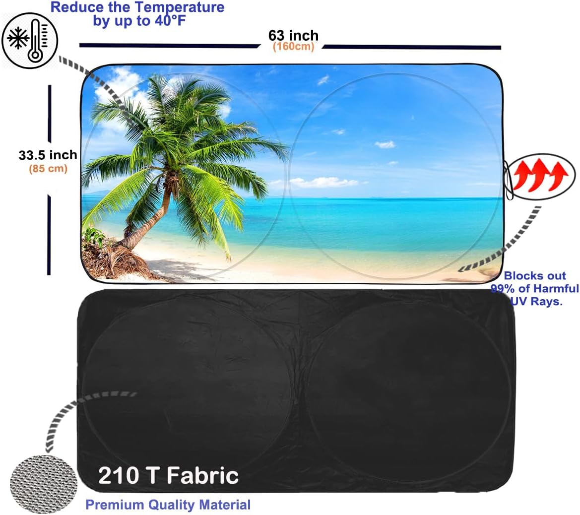 Gven Windshield Sun Shade Car Sun Shade Windshield Palm Tree Windshield Shade UV Protection Heat Reflective Sunshade Fits Small Sedans, Mini SUVs, Hatchbacks Car Accessories (Palm Tree, L)