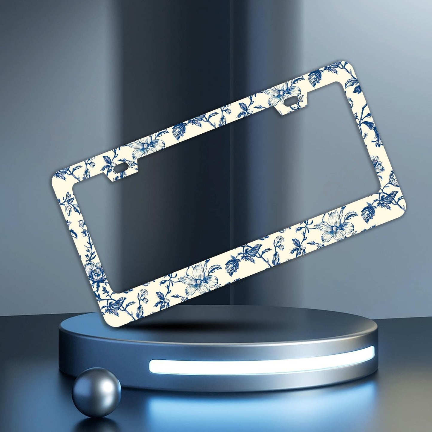 Blue Floral Flowers License Plate Frames - 2 Pcs Set 2 Holes Stainless Steel Metal Auto Car Accessories Decoration License Plate Frame Cover Size 6.3" x 12.2" Fit US Vehicles for Women Men Gift