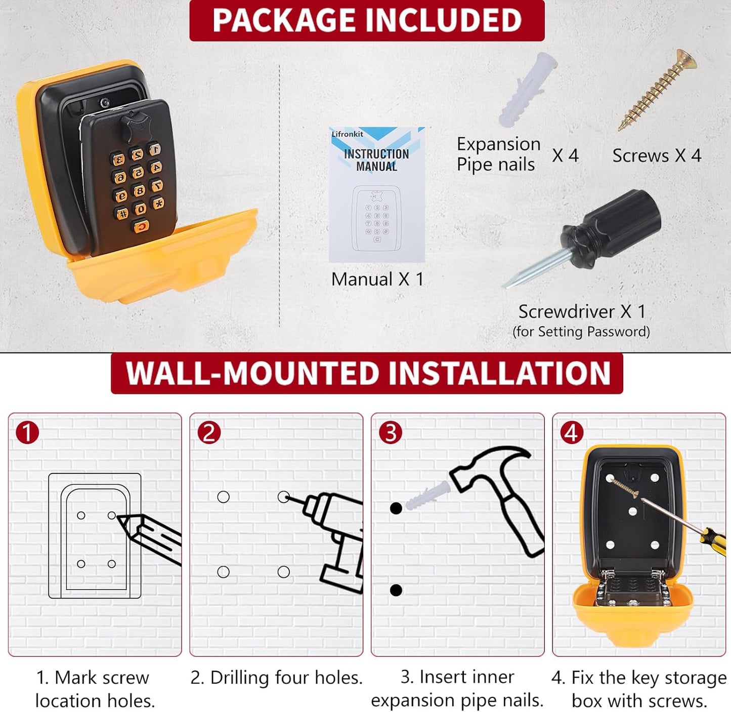 Car Key Lock Box, Yellow Punch Button Combination Lock Box, Car Window Lock Box Wall Lock Box, Sturdy Waterproof Security Key Storage, Credit Cards, Fit for Turo, Ride Share, GetAround