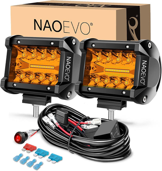 NAOEVO 4 Inch LED Pod Lights, Spot Flood Amber LED Fog/Driving/Off Road Lights with 2 Leads Wiring Harness, Cube Pods for Truck Boat ATV UTV, 2 Pcs (Amber)