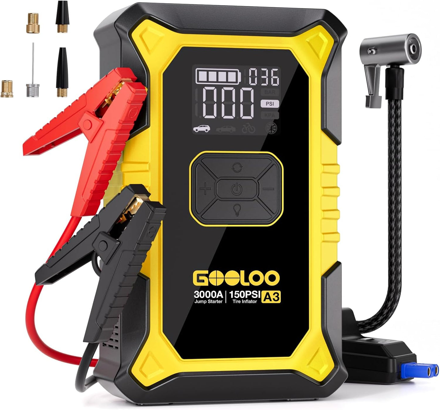GOOLOO A3 Jump Starter with Air Compressor, 3000A Portable Car Battery Jumper Starter (9.0 Gas/6.5L Diesel) with 150PSI Auto-Shutoff Tire Inflator, 12V Supersafe Lithium Jump Box Car Booster, Yellow