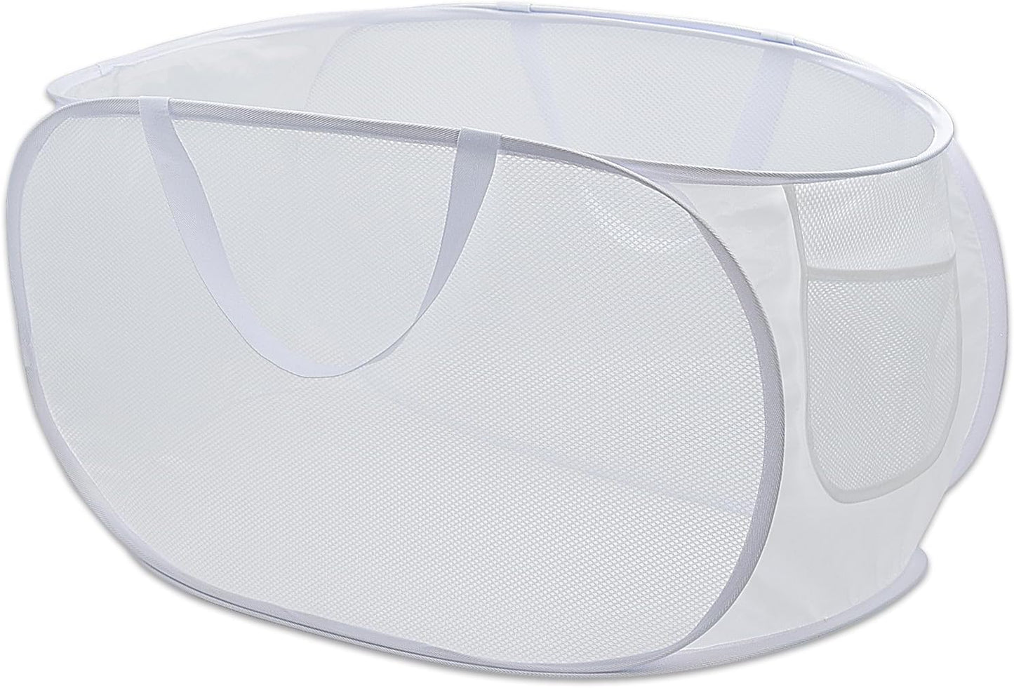 HONOMA Sturdy Mesh Laundry Hamper Basket Bag,Pop up Basket with Side Pocket for Laundry Room, Bathroom, Kids Room, College Dorm or Travel (Pop Horizontal, White)