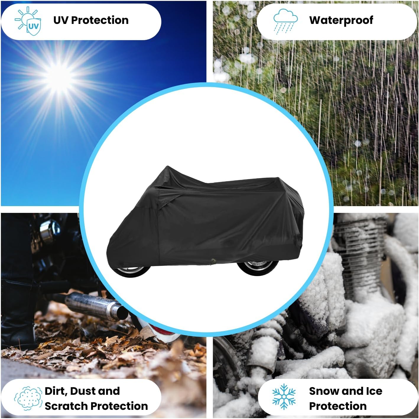 Deluxe Motorcycle Cover, Waterproof All Weather Outdoor Protection Universal Motorcycle Cover, Fade & Tear Proof Polyester fits Motorbike Scooter up to 80" L