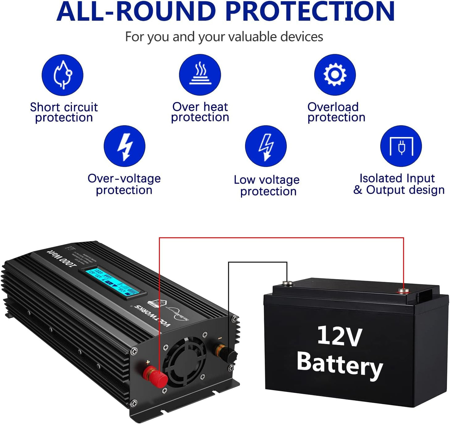 1000 Watt Pure Sine Wave Power Inverter ETL UL458 12V DC to 110V 120V AC 1000W for Home RV Truck Off-Grid Solar Compatible with Lithium Battery with LCD Display [3 Years Warranty] by VOLTWORKS