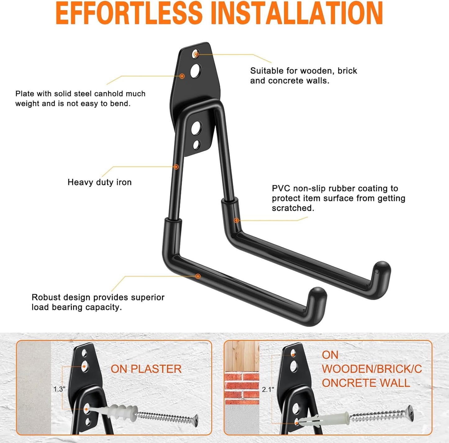 Heavy Duty Garage Hooks 4 Pack, 5.1 inch Medium U Shaped Hanger, Wall Mounted Storage System, Power and Garden Tool Organizer, for Hanging Ladders, Hose, Bulk Items and More