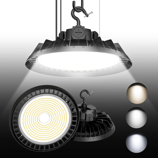 LED High Bay Lights, 200W UFO High Bay LED Shop Lights, 30000LM Adjustable CCT(5700K 5000K 4500K) & Power(200W 150W 100W), 0-10V Dimmable, 5' Cable Plug, IP65 Waterproof, ETL & DLC Listed High Bay