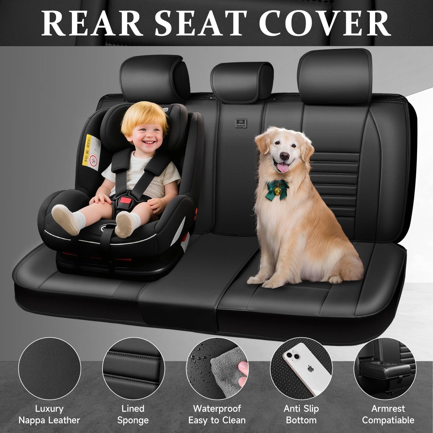 CAR PASS Back Seat Covers, Nappa Leather Rear Seat Bench Cushion Lined Sponge Waterproof Breathable PU Split Back Row Protector Universal Fit for Car Vehicle Sedan SUV Pickup Truck, Back Rear Seats