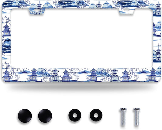 Blue White Porcelain Pattern License Plate Frame Chinoiserie License Plate Frames Funny for Car Decorative Parts Stainless Stee License Plate for Standard Us Canada 12x6 Inch