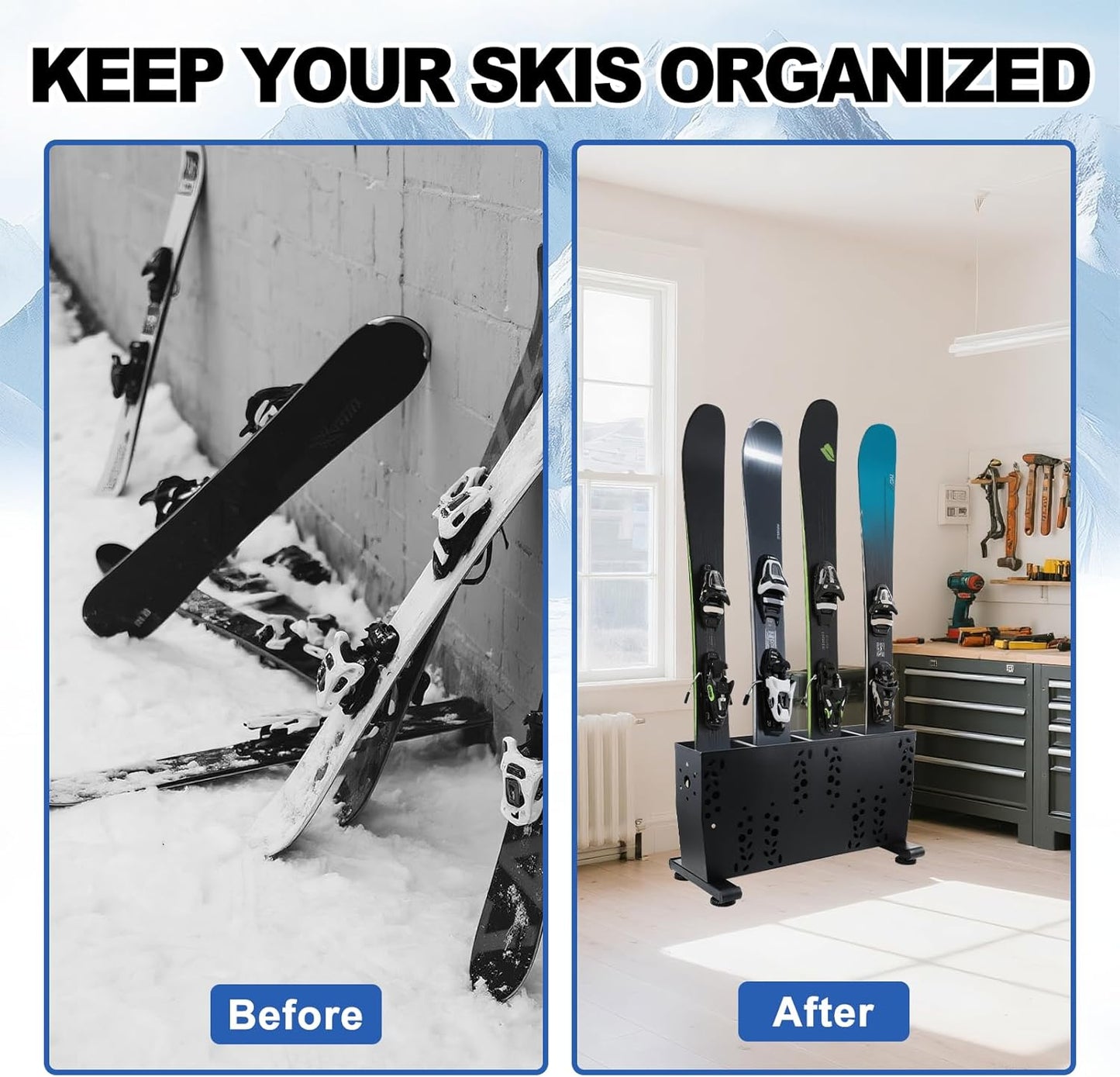 Freestanding Ski Storage Rack for 8 Pairs, Floor Stand Ski Organizer Rack, Heavy Duty Alloy Steel Ski Holders Ski Organizer, Freestanding Ski Organizer for Garage Basement