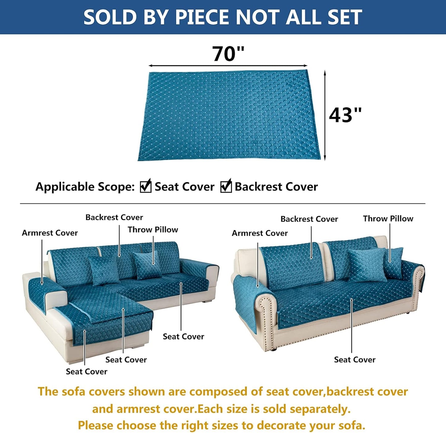 Eismodra Couch Cover,Sectional Couch Covers,Sofa Covers for 3 Cushion Couch,Anti-Slip Sofa Slipcovers for Dogs Cats Kids Loveseat Recliner L Shaped Armrest Backrest,Blue 43''x70''(Only 1 Piece)