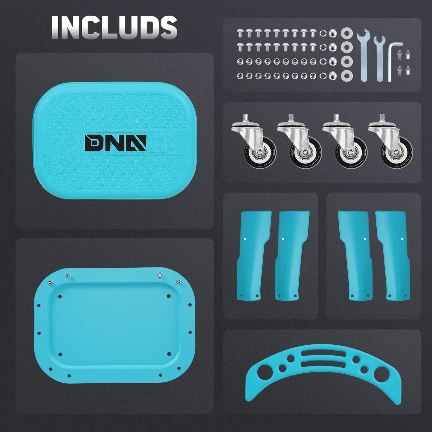 DNA MOTORING Removable Rolling Garage Stool with Seat Cushion & Tool Tray Plate, 300lbs Max Weight Capacity, Blue, TOOLS-00479