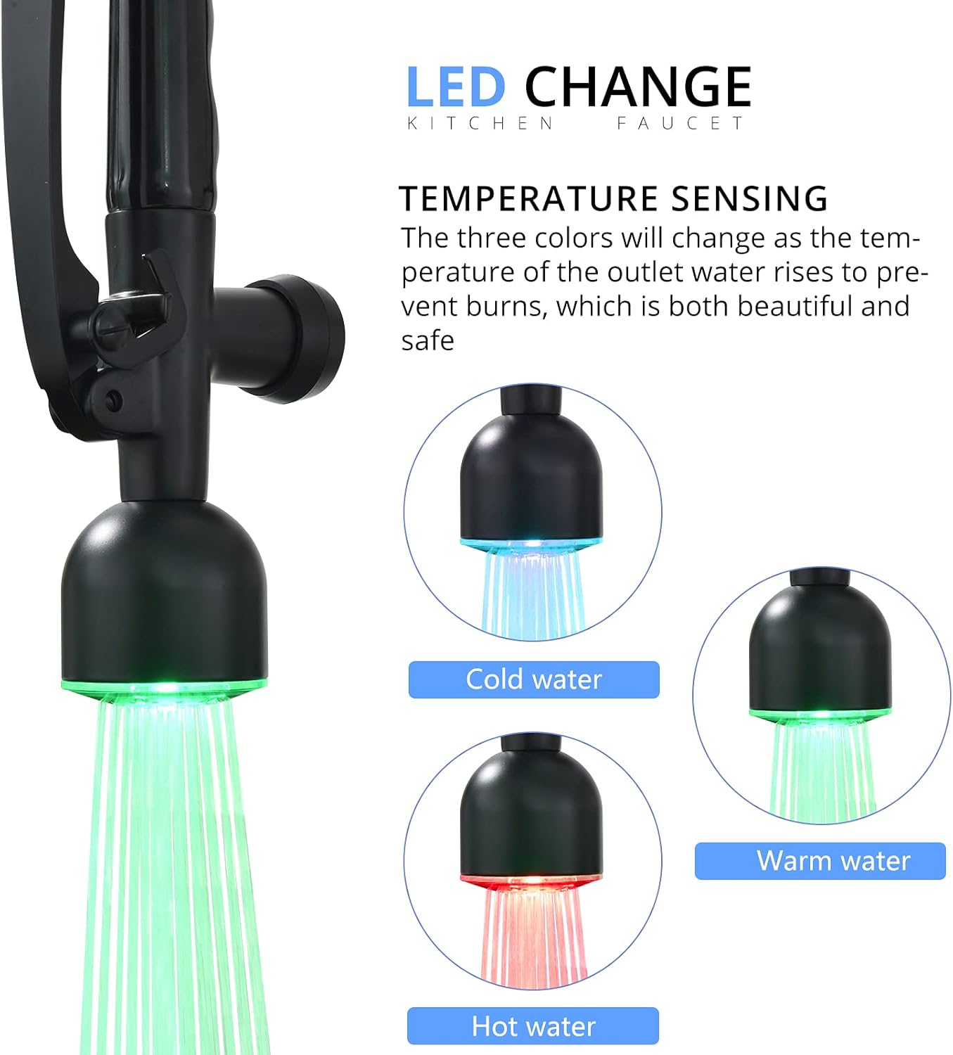 Fapully Black Kitchen Faucet with Pull Down Sprayer,Commercial LED Kitchen Faucet,Single Handle Single Hole Kitchen Sink Faucets