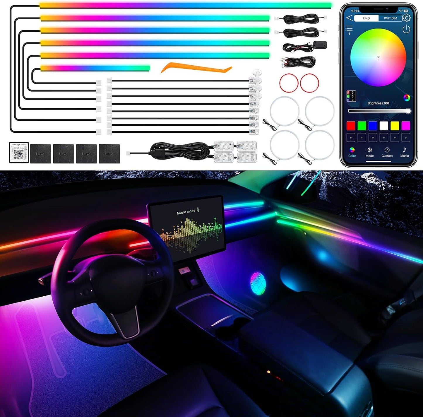 Dreamcolor Acrylic Interior Car LED Strip Light with Wireless APP, RGB 22 in 1 with 175 inches 612 LEDs Fiber Optic Strip Lights for Car, Dual Zone Music Sync Neon Car Ambient Lighting Kits