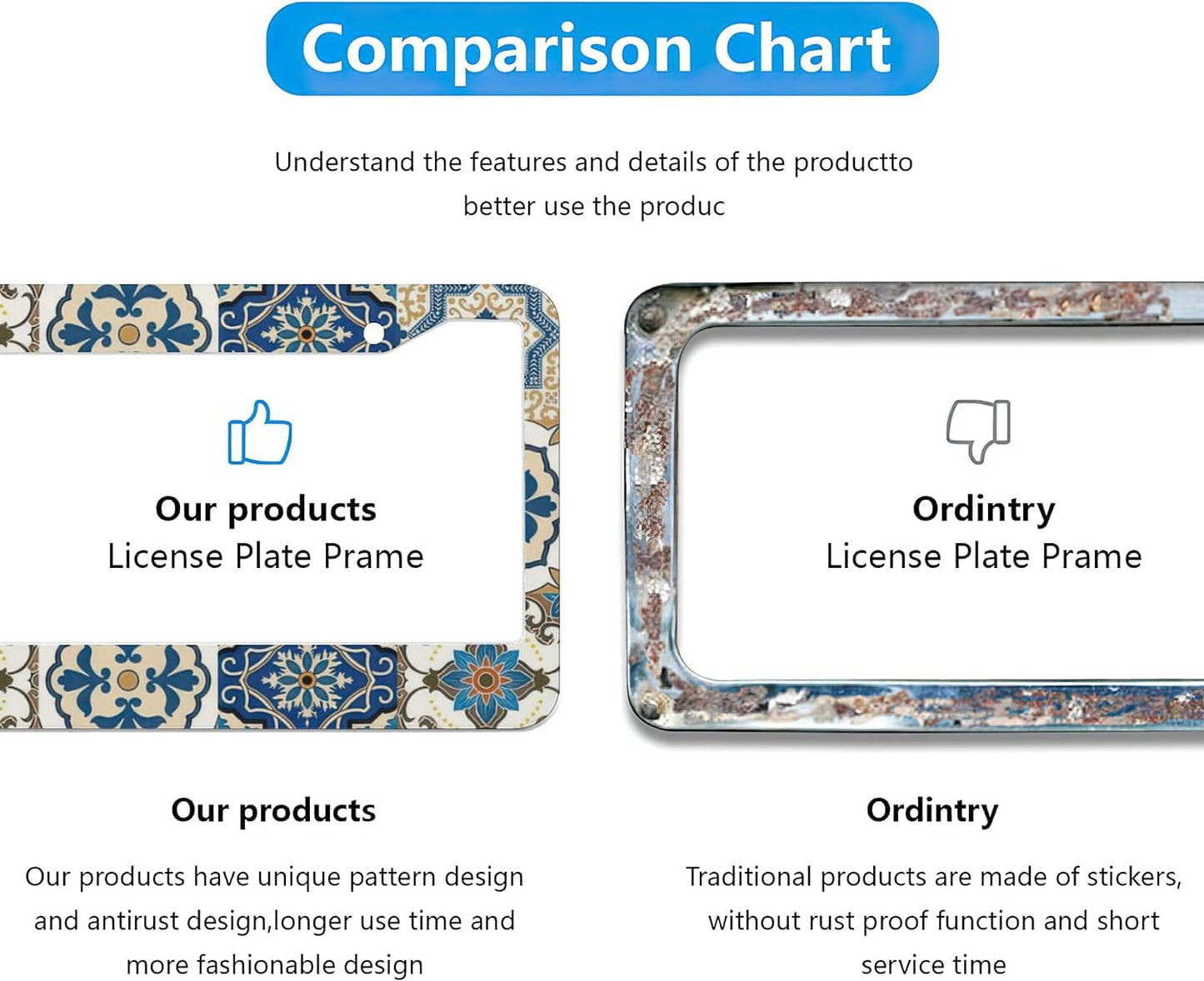 Boho Mexican Tile License Plate Frames - 2 Pcs Set 2 Holes Metal Aluminum Auto Car Accessories Decoration License Plate Frame 12.2 x 6.3 inch for Women Men Gift