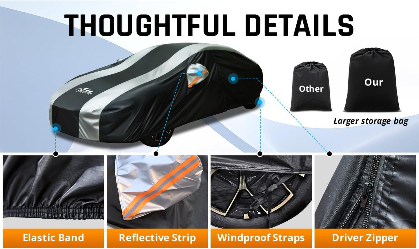 Car Covers for Automobiles All Weather Waterproof with Silver Stripe Design, Universal Fit Ford Mustang, Chevrolet Camaro, Toyota Camry, Honda Accord Civic, Nissan Altima,Tesla Model 3