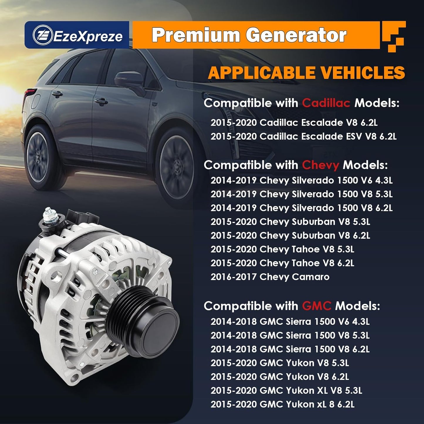 EZEXPREZE Alternator Fit for 2014-18 GMC Sierra and Chevy Silverado 1500, 2015-20 Chevy Suburban Tahoe GMC Yukon Cadillac Escalade - Replaces for 22949467 1042106870 84143540 170 Amp 12V