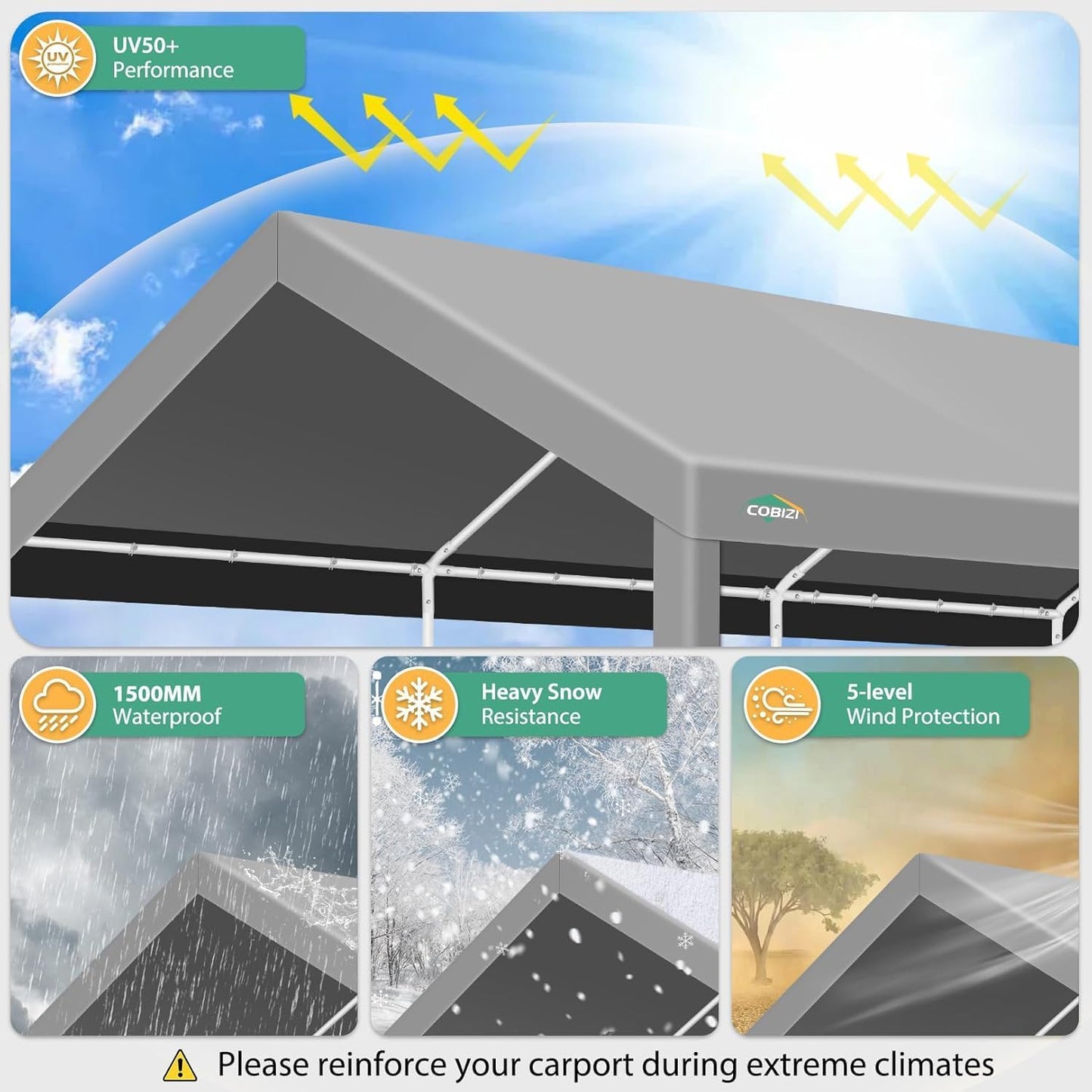 COBIZI Carport 10x20ft Heavy Duty Portable Garage, 2.0 Powder Coated Frame(Better Than Galvanized), Waterproof Shelter with Built-in Sandbags, for Car/Boat/SUV, Gray