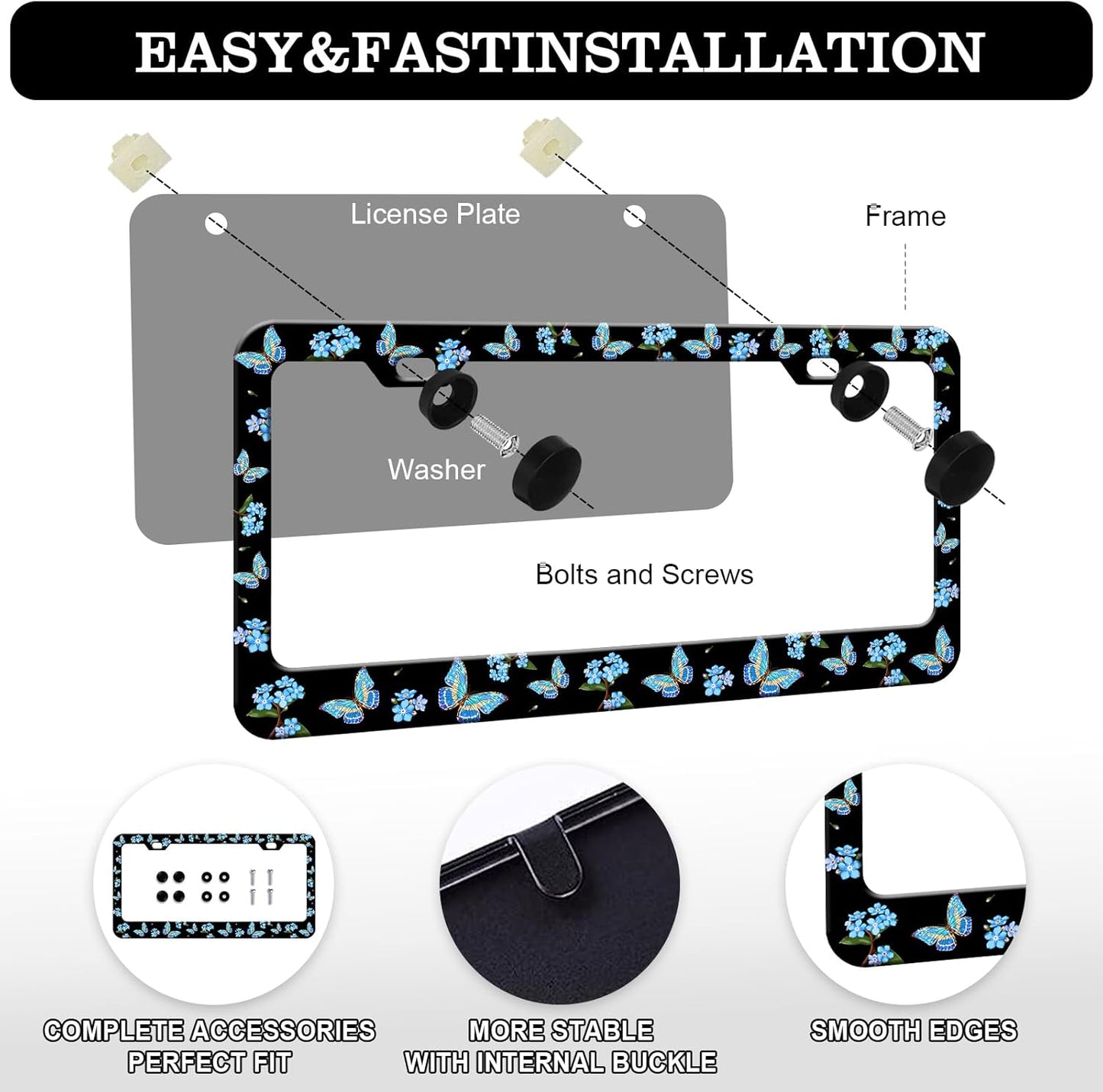 Blue Flower Butterfly License Plate Frames - 2 Pack Beautiful Butterfly Stainless Steel License Plate Holder,Rust-Proof Waterproof Car Decorative Tag Frame with Screws Fasteners Caps