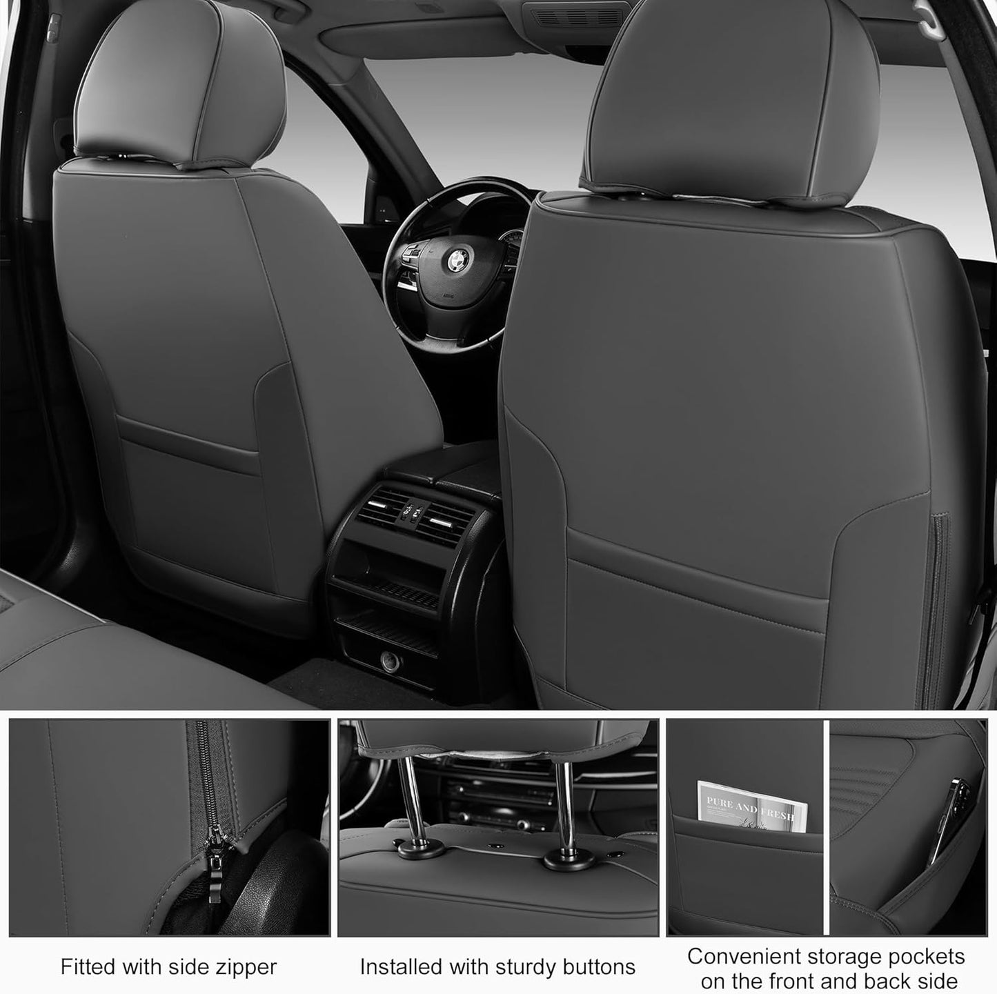 Front Seat Covers, 2 Pieces Universal Seat Covers for Cars, Waterproof Leather Auto Seat Protectors with Head Pillow, Car Seat Cushions Fit for Most Sedans SUV Pick-up Truck, Gray