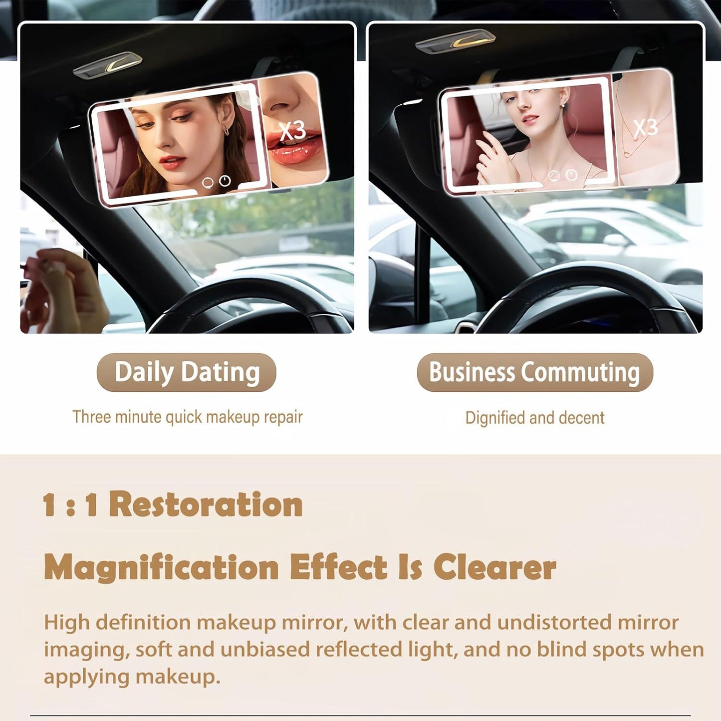 Car Sun Visor Vanity Mirror, Dimmable Touch Screen Makeup Mirrors with 3 Light Modes & 3x Magnifying for Women Detailed Makeup Universal Clip-on Rear View Sun-Shading Cosmetic Mirror (Black)