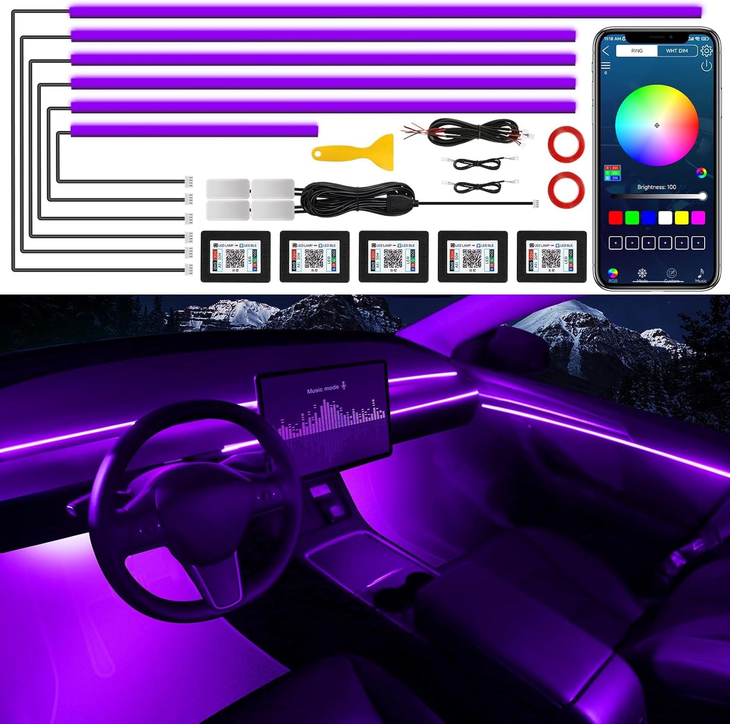 Acrylic Interior Car LED Strip Light with Wireless APP, 10 in 1 with 175 inches 593 LEDs Neon LED Strip Light, RGB Colors Dynamic Music Sync Car Ambient Lighting Kits