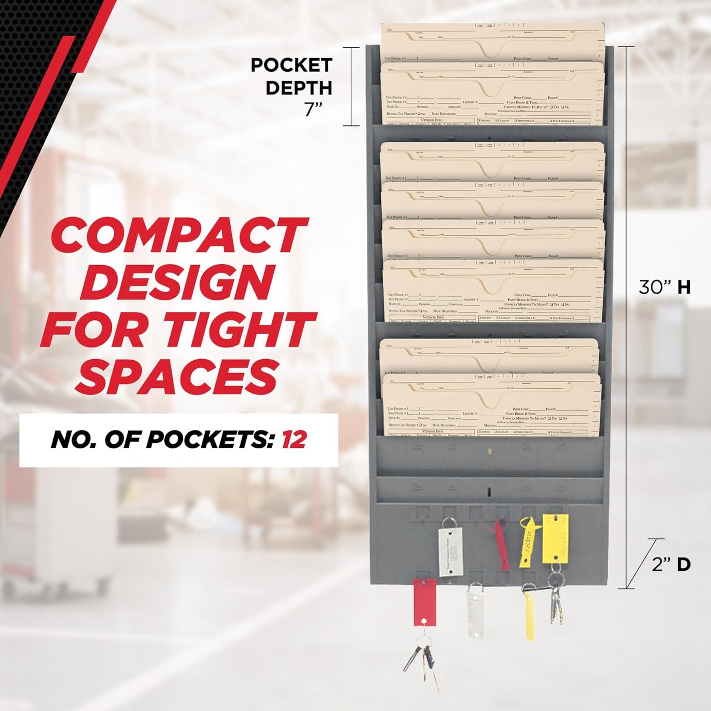 CHAMP® Repair Order Rack with Key Hanger, Heavy-Duty 12-Pocket Alloy Steel Wall Mount Organizer with 12 Key Hangers, Ideal for Auto Workshops and Garages - Gray