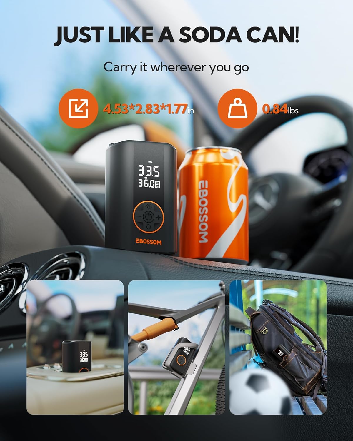 Tire Inflator Portable Air Compressor, Mini Cordless Air Pump 3X Fast Inflation with Pressure Gauge, 150 PSI Tire Inflator Rechargeable with LED Light for Car Motorcycle Bikes Balls Swim Ring