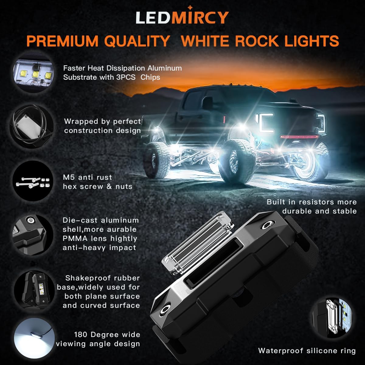 R4 Pure White LED Rock Lights Kit with Roker Switch Wire Harness 12PCS Rock Lights White for Offroad Trucks ATV UTV SUV Underglow Light Trail Rig Light Under Body High Power Waterproof